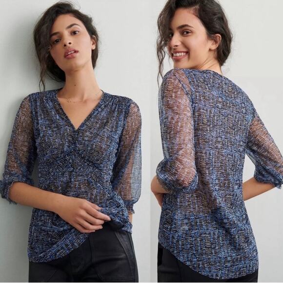 Anthropologie Gretchen Smocked Sheer top blouse Vneck - Picture 5 of 15